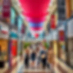 A panoramic view of a bustling outlet mall in Dubai featuring diverse shops and shoppers enjoying their time.