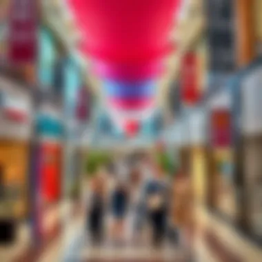 A panoramic view of a bustling outlet mall in Dubai featuring diverse shops and shoppers enjoying their time.