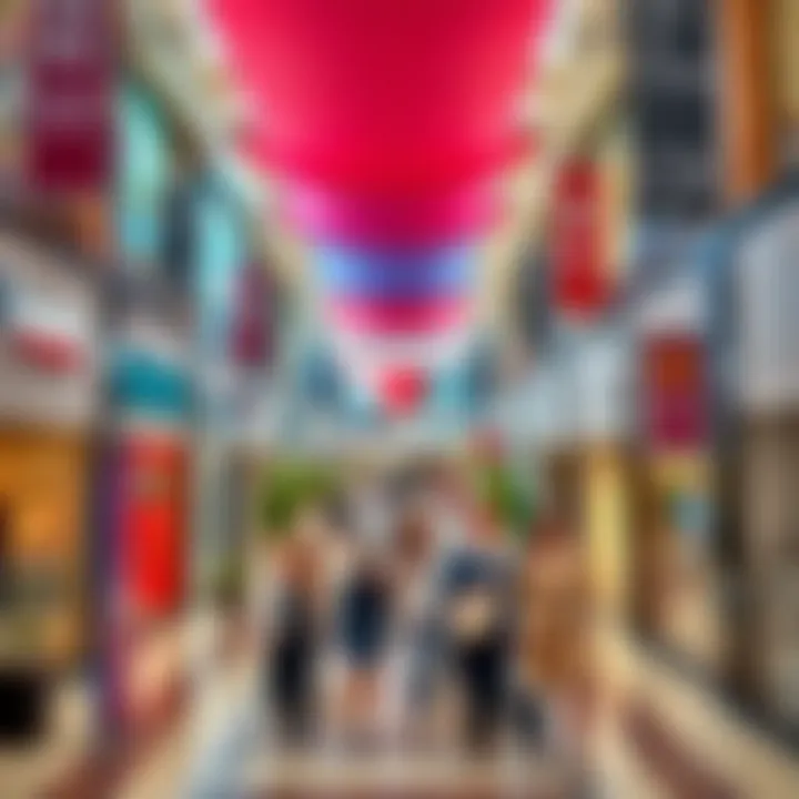 A panoramic view of a bustling outlet mall in Dubai featuring diverse shops and shoppers enjoying their time.