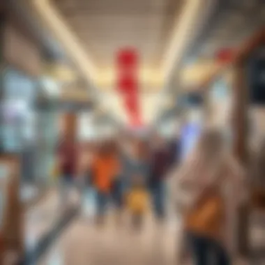 An engaging scene of shoppers exploring various retail offerings within an outlet mall, showcasing the lively shopping culture.