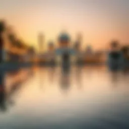 A stunning view of Majlis Al Majaz reflecting in the water during sunset